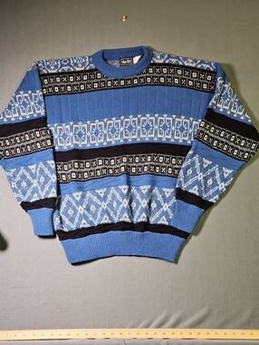 Vintage Van Cort Geometric Nordic Knit Sweater Blue Large Made in USA